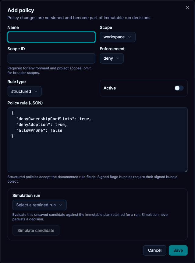Delivery policy configuration form; this is not a successful policy result.