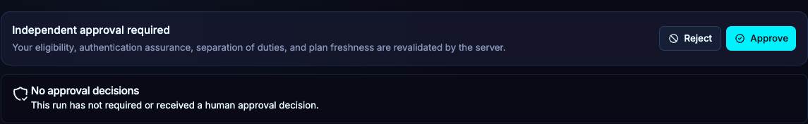Approval controls from a demonstration run awaiting review.