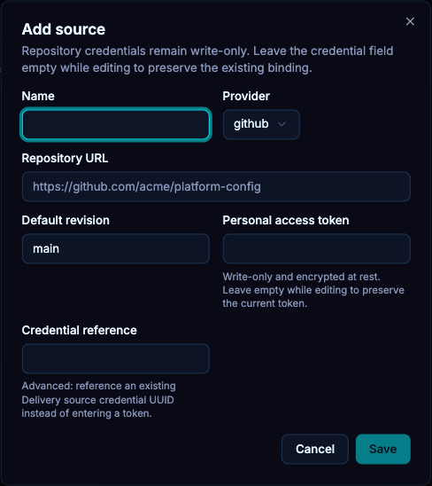 Source connection form from the demonstration installation; no credentials are entered.